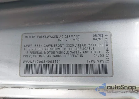 2003 Volkswagen Eurovan Mv из США, поврежденный, VIN WV2NB47003H003131